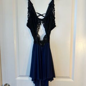 Midnight Blue & Black Lace Open Front Fit And Flare Mini Lingerie, Large